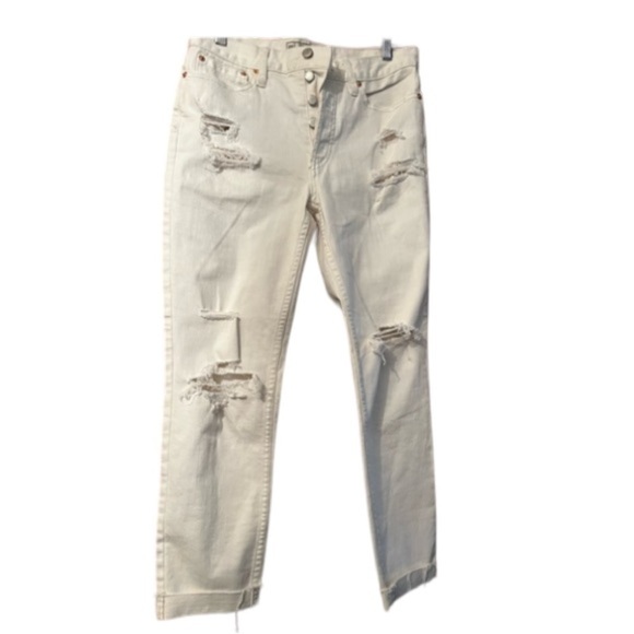 Free People Lacey Stilt Sz 27 Cream Denim Button Fly Distressed Jeans - Picture 4 of 12